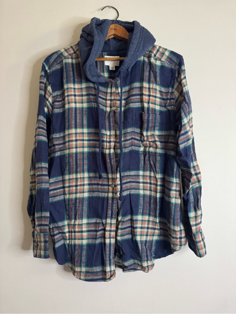American Eagle Outfitters Navy Plaid Button-Down Shirt with Hood